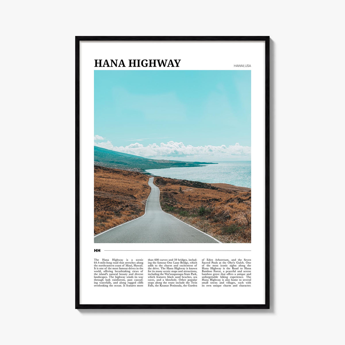 Hana Highway colorful travel poster of Hawaii, USA – vertical wall art, unframed print shown in interior mockup