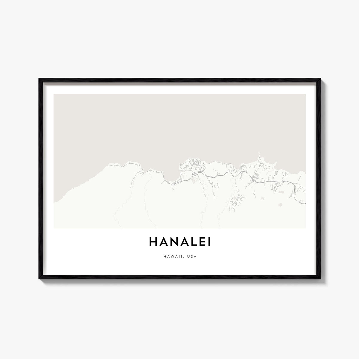 Hanalei black & white map poster of Hawaii, USA – horizontal wall art, unframed print shown in interior mockup