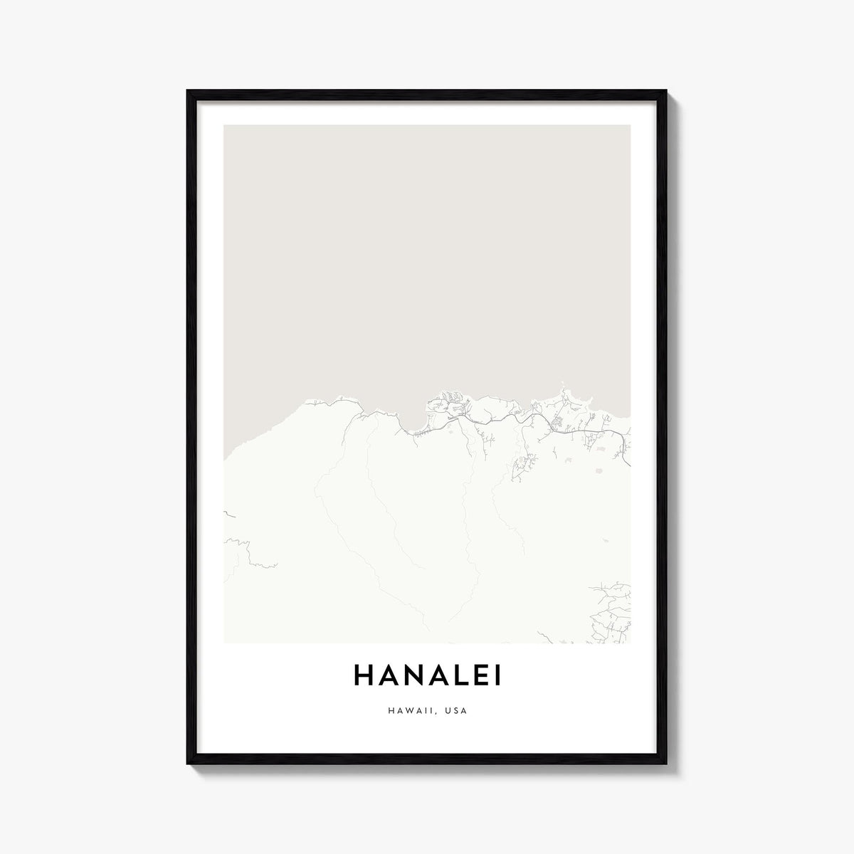 Hanalei black & white map poster of Hawaii, USA – vertical wall art, unframed print shown in interior mockup