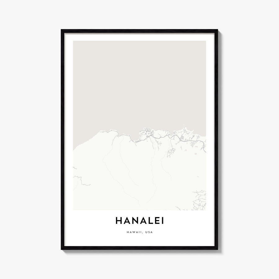 Hanalei black & white map poster of Hawaii, USA – vertical wall art, unframed print shown in interior mockup