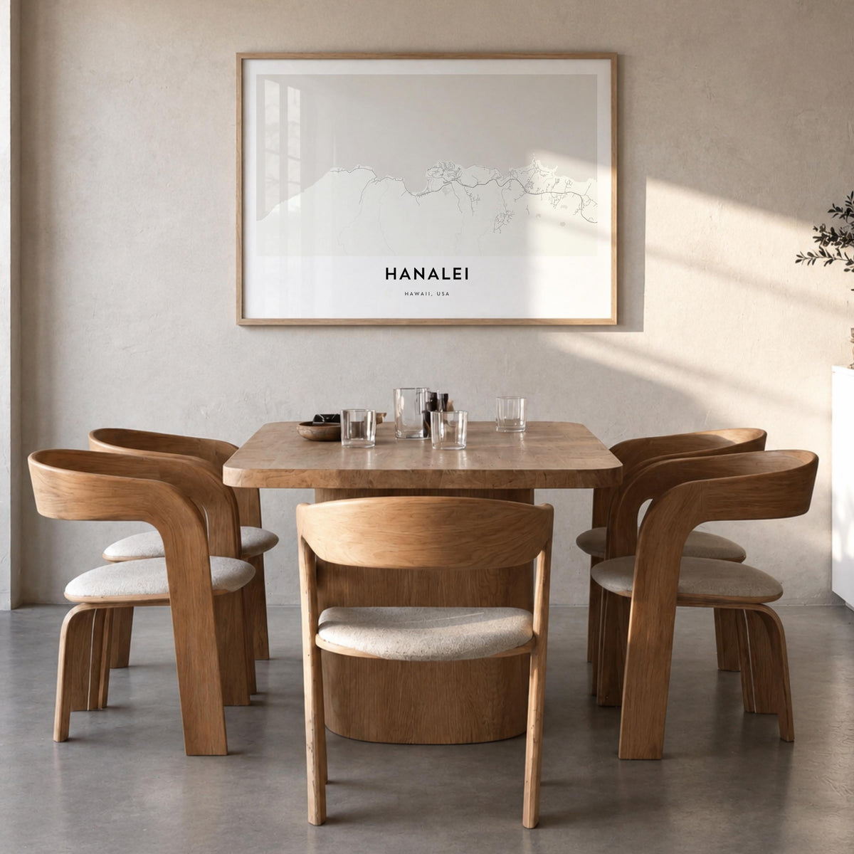Hanalei black & white map poster of Hawaii, USA – horizontal wall art in natural wood frame, hanging on wall