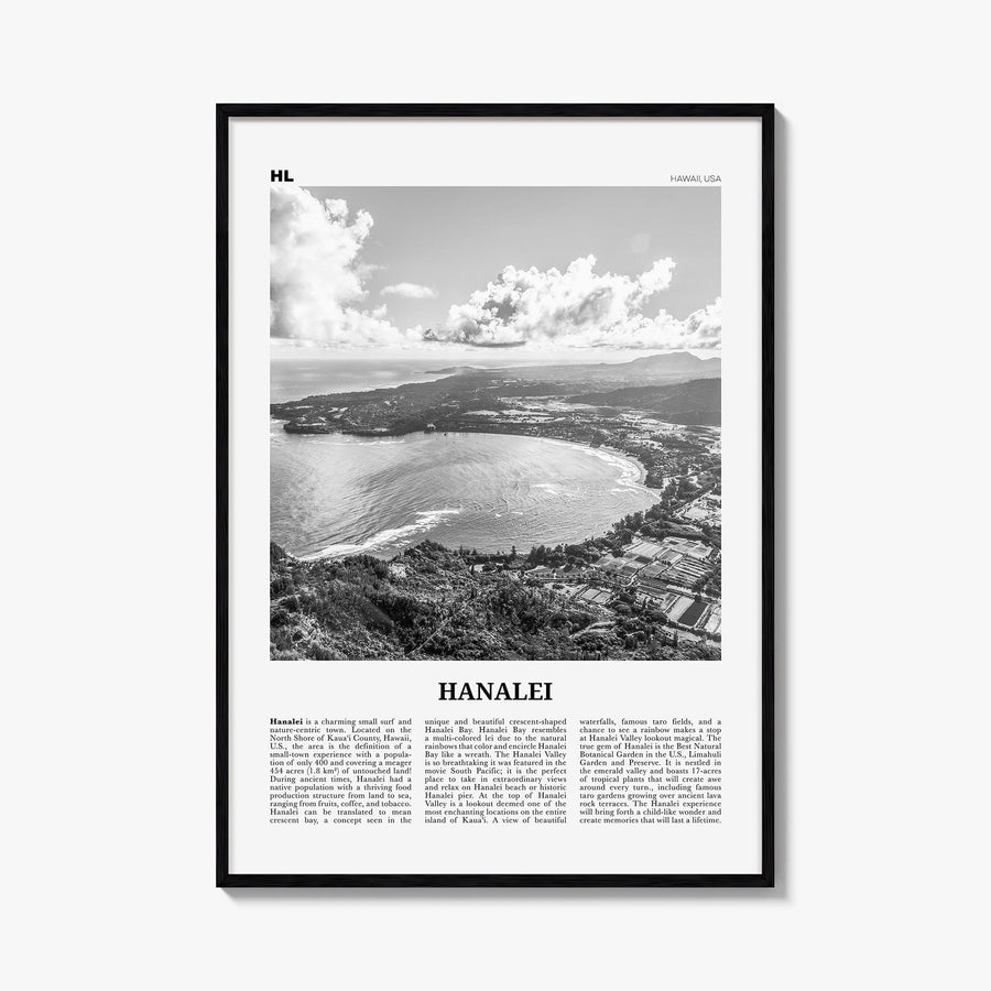 Hanalei black & white newspaper poster of Hawaii, USA – vertical wall art, unframed print shown in interior mockup