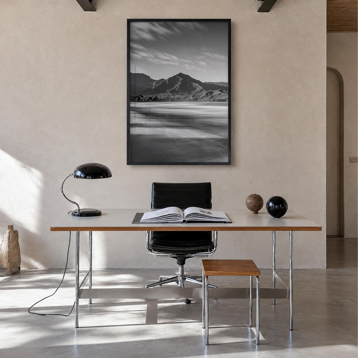 Hanalei black & white photo poster of Hawaii, USA – vertical wall art in black wood frame, hanging on wall