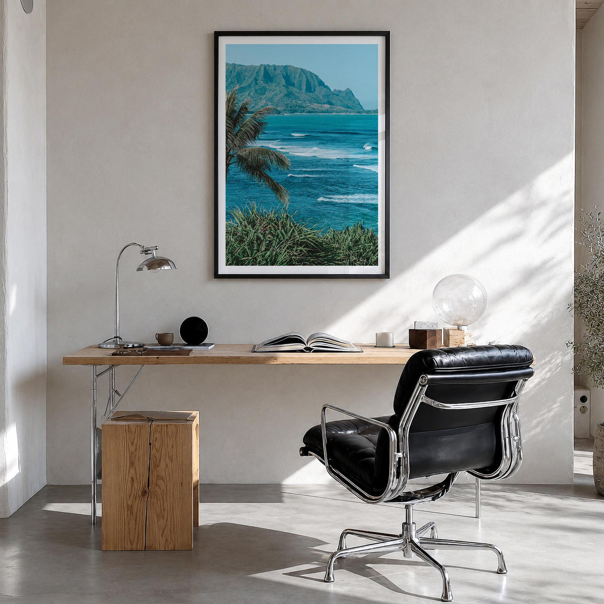 Hanalei colorful photo poster of Hawaii, USA – vertical wall art in black wood frame with white border, hanging on wall