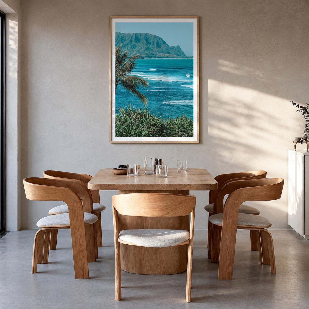 Hanalei colorful photo poster of Hawaii, USA – vertical wall art in natural wood frame with white border, hanging on wall