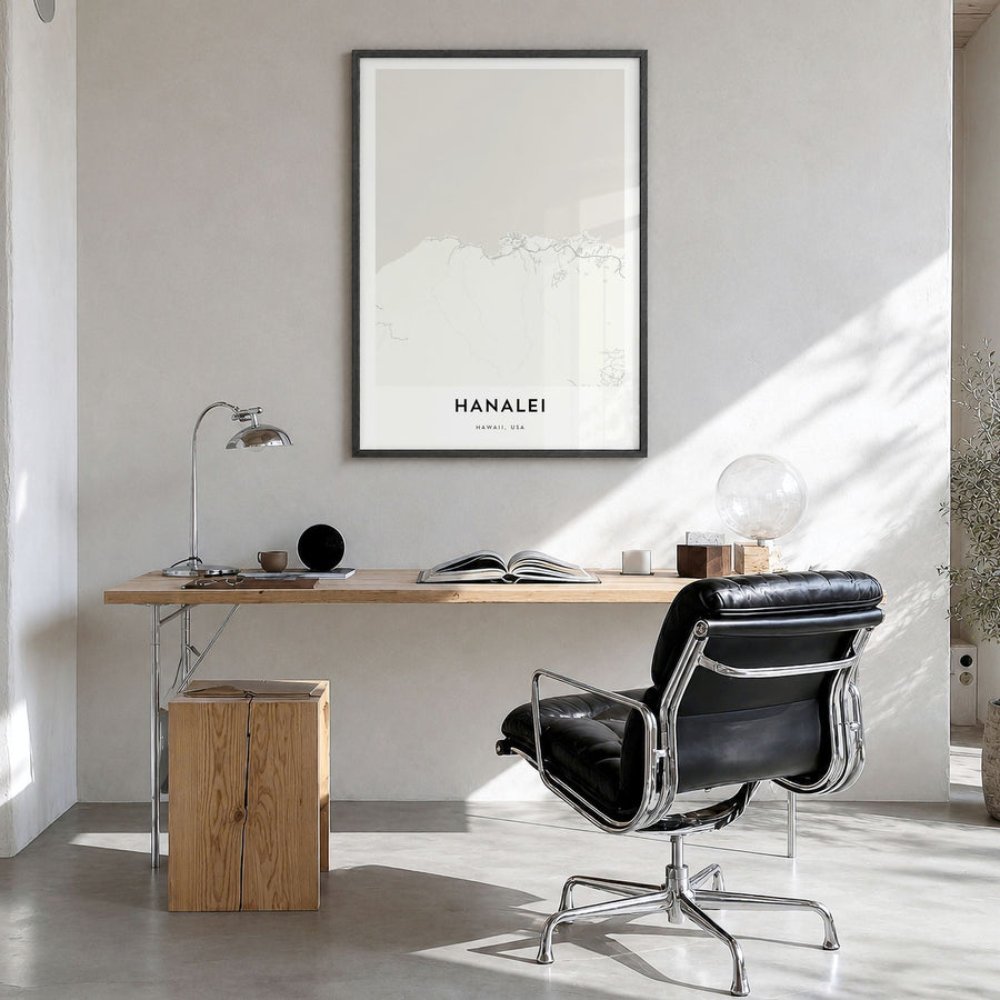 Hanalei Map Poster in a black wood frame, hanging in a bright home office