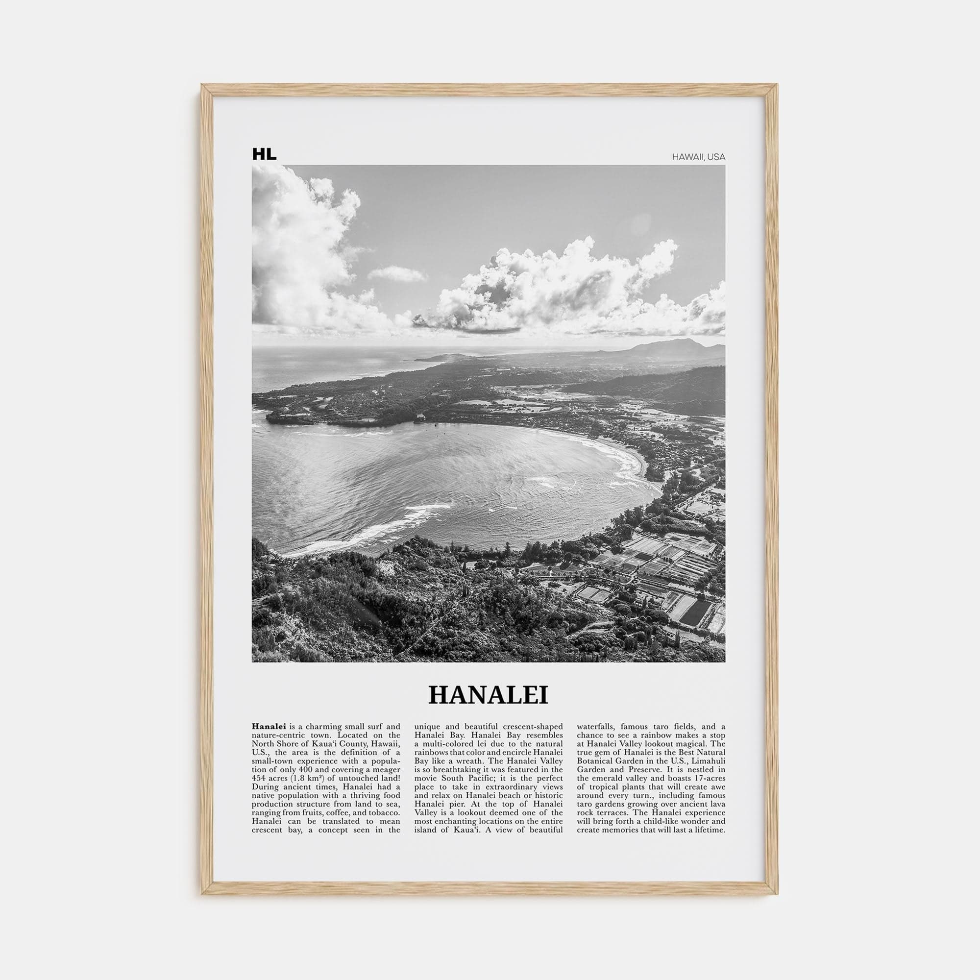 Hanalei Poster Natural Wood / 8x12 in Nbourhood Travel B&W Poster