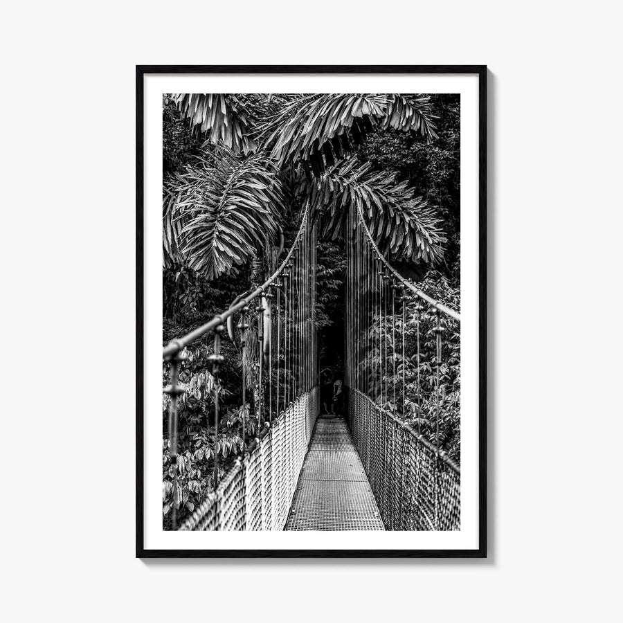 Hanging Bridge black & white photo poster – vertical wall art, unframed print shown in interior mockup