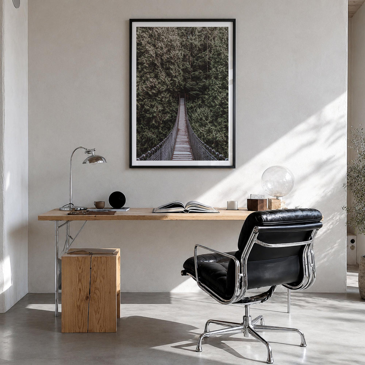 Hanging Bridge colorful photo poster – vertical wall art in black wood frame with white border, hanging on wall