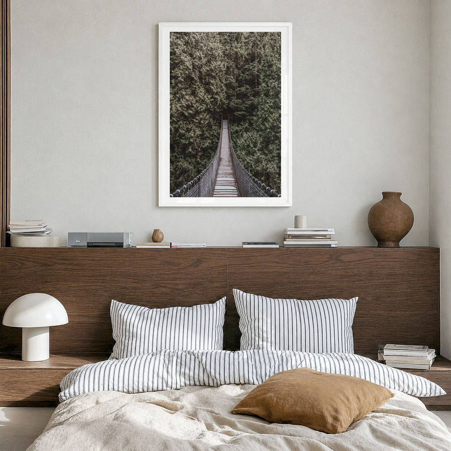 Hanging Bridge Photo Poster in a white wood frame, hanging in a bedroom, white border