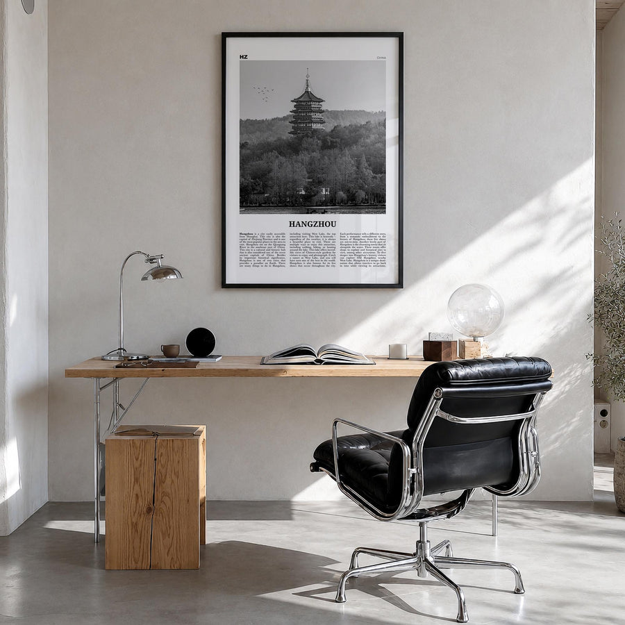Hangzhou black & white newspaper poster of China – vertical wall art in black wood frame, hanging on wall