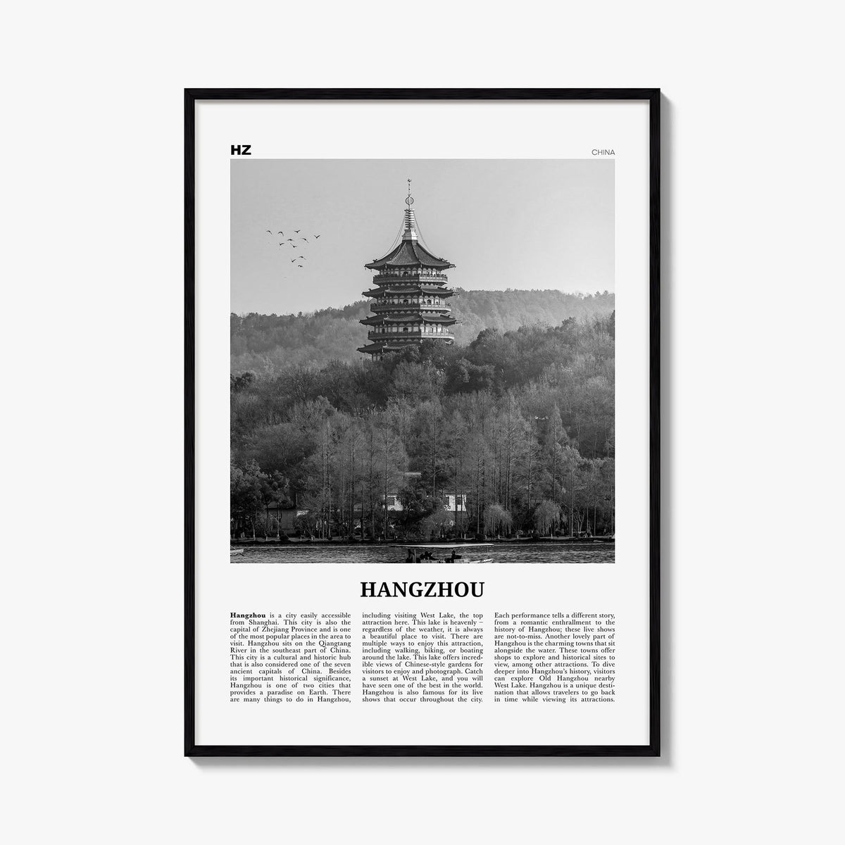 Hangzhou black & white newspaper poster of China – vertical wall art, unframed print shown in interior mockup