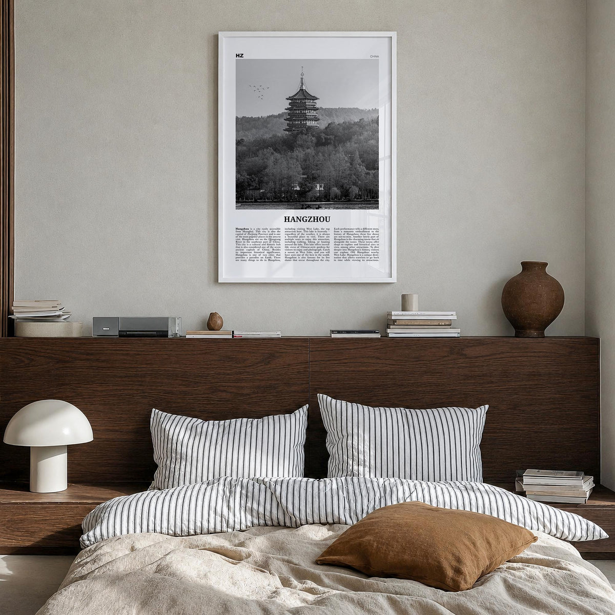 Hangzhou black & white newspaper poster of China – vertical wall art in white wood frame, hanging on wall