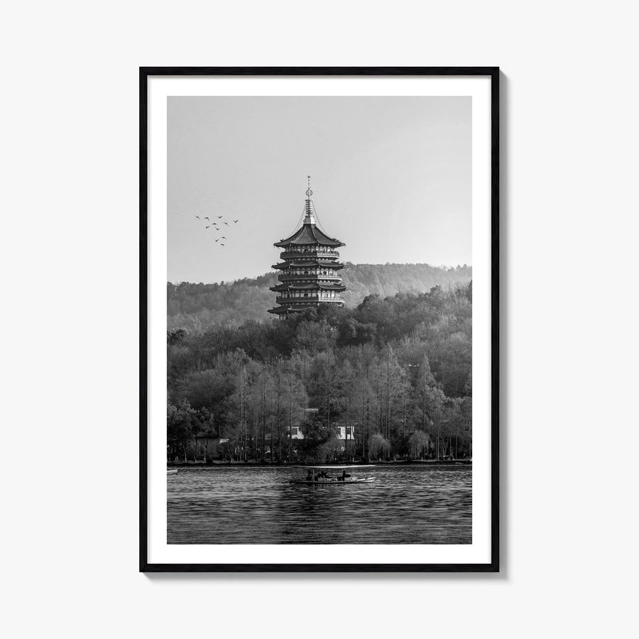 Hangzhou black & white photo poster of China – vertical wall art, unframed print shown in interior mockup