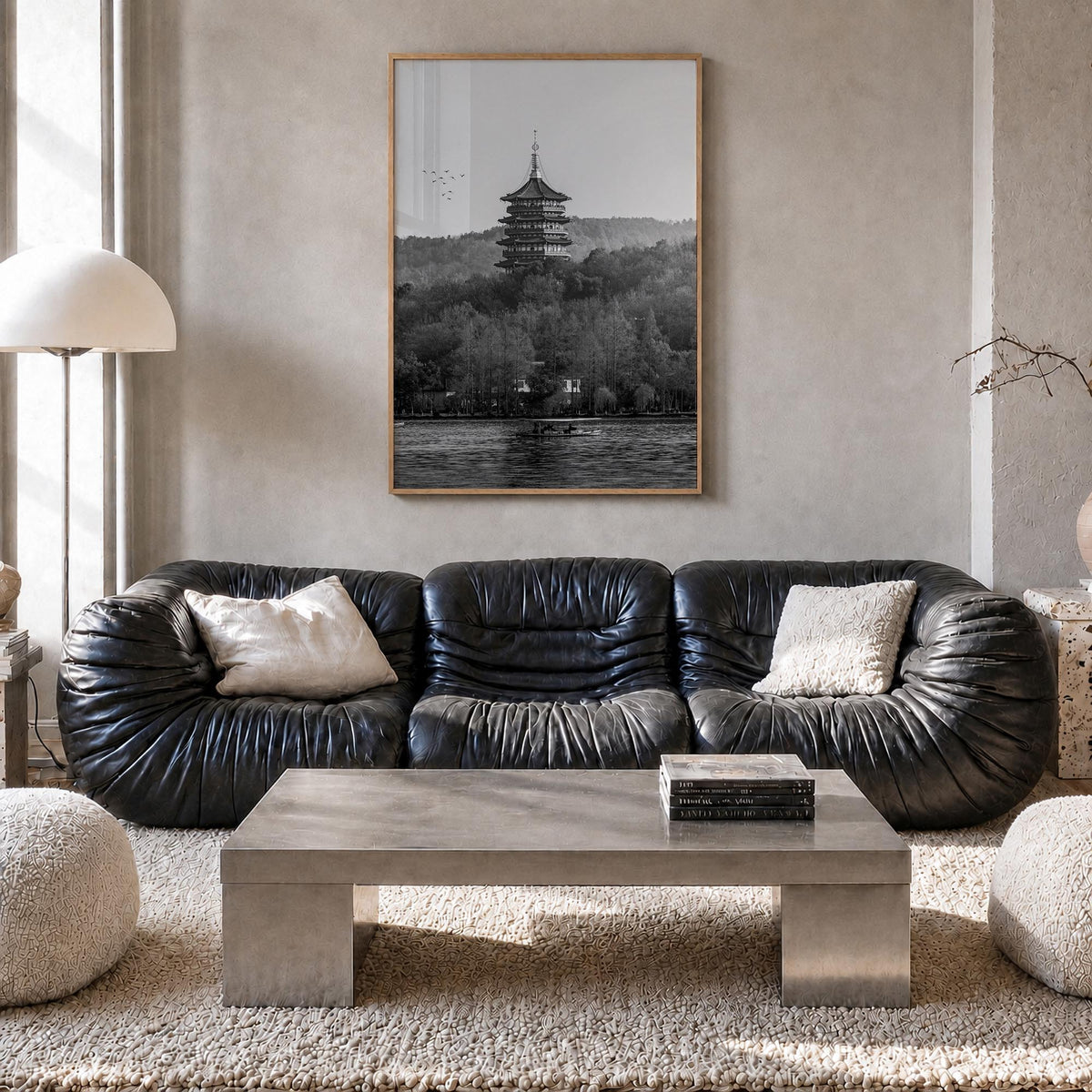 Hangzhou black & white photo poster of China – vertical wall art in natural wood frame, hanging on wall