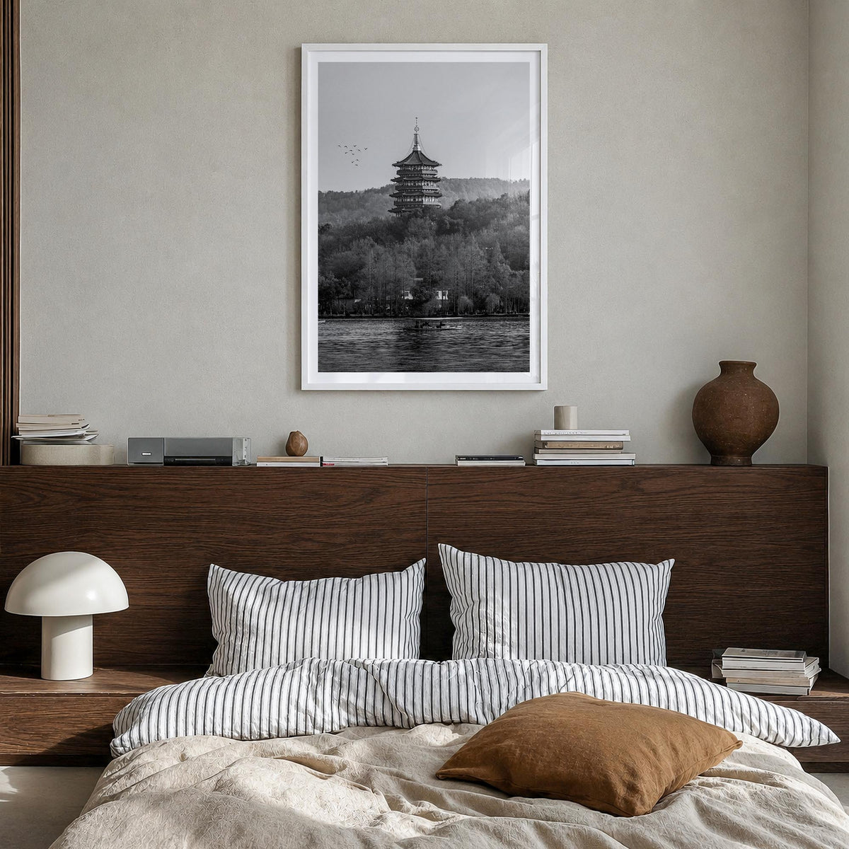 Hangzhou black & white photo poster of China – vertical wall art in white wood frame with white border, hanging on wall
