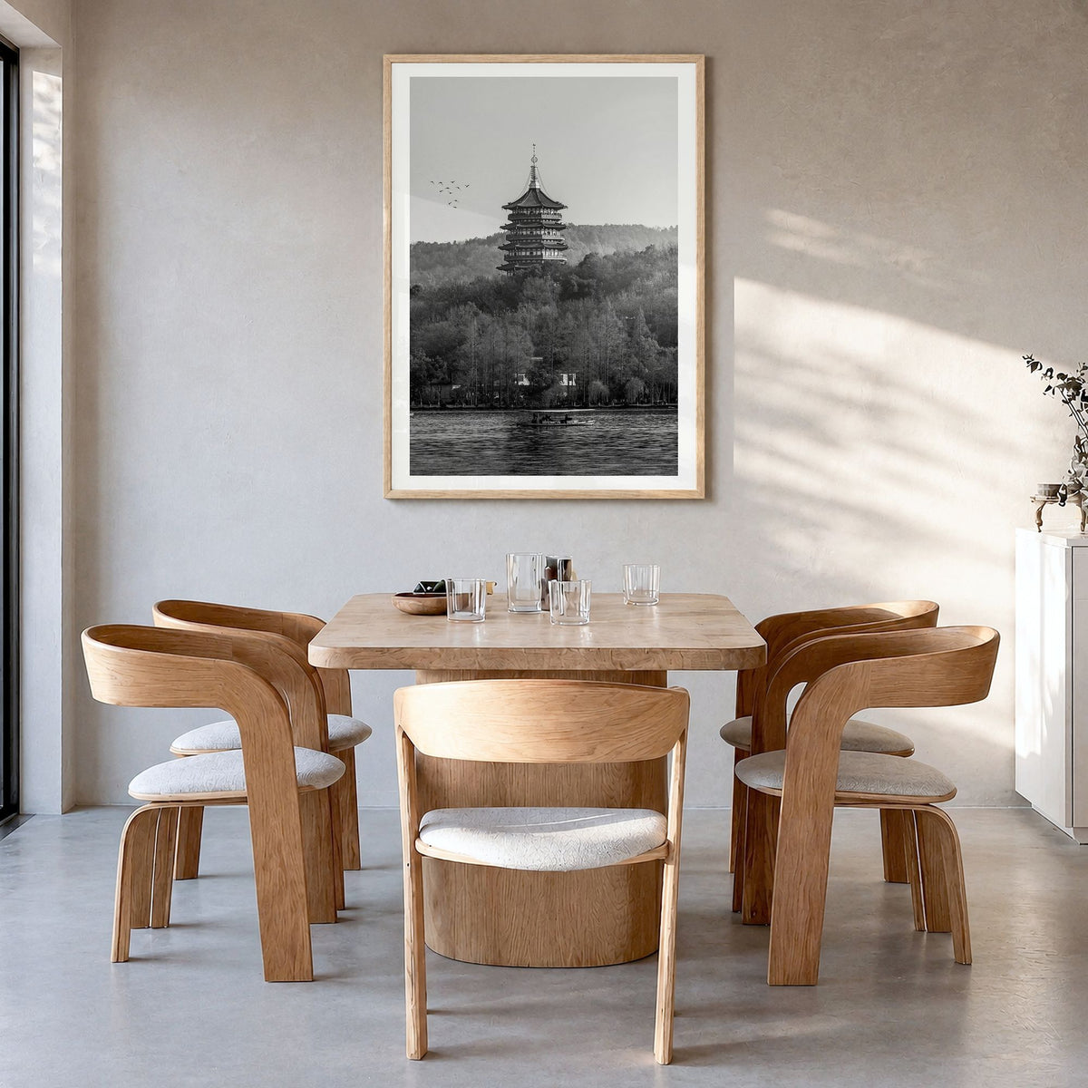 Hangzhou Photo Poster in a natural wood frame, hanging in a dining room, white border