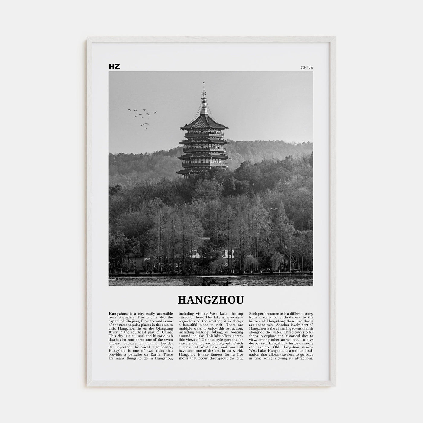 Hangzhou Poster White Wood / 8x12 in Nbourhood Travel B&W Poster