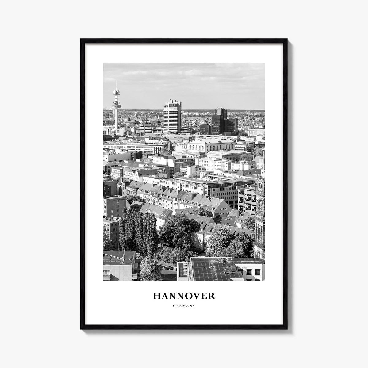 Hannover black & white classic poster of Germany – vertical wall art, unframed print shown in interior mockup
