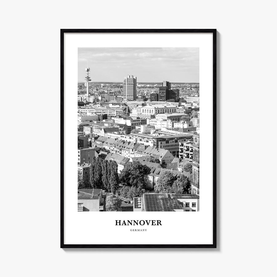 Hannover black & white classic poster of Germany – vertical wall art, unframed print shown in interior mockup