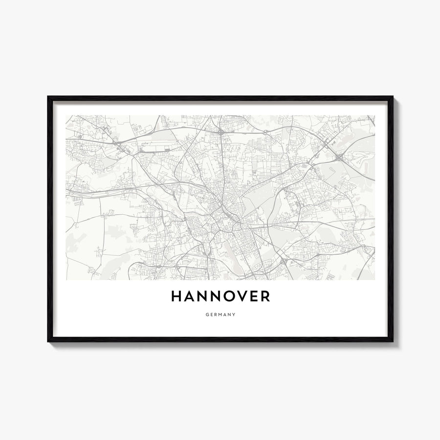 Hannover black & white map poster of Germany – horizontal wall art, unframed print shown in interior mockup