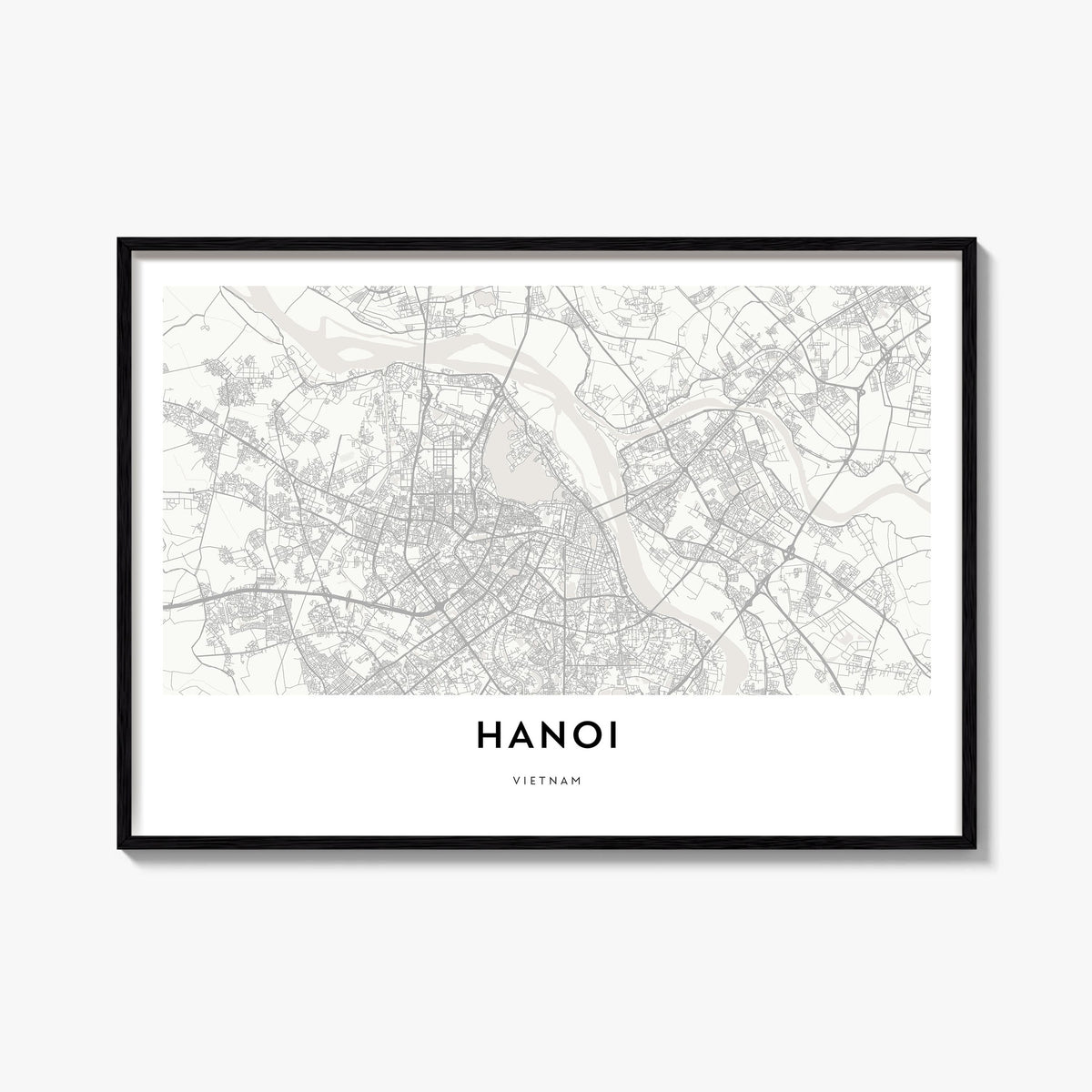 Hanoi black & white map poster of Vietnam – horizontal wall art, unframed print shown in interior mockup