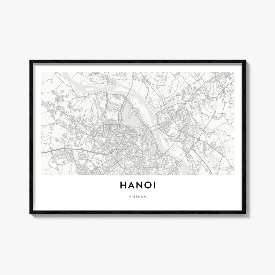 Hanoi black & white map poster of Vietnam – horizontal wall art, unframed print shown in interior mockup