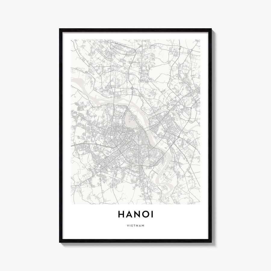 Hanoi black & white map poster of Vietnam – vertical wall art, unframed print shown in interior mockup