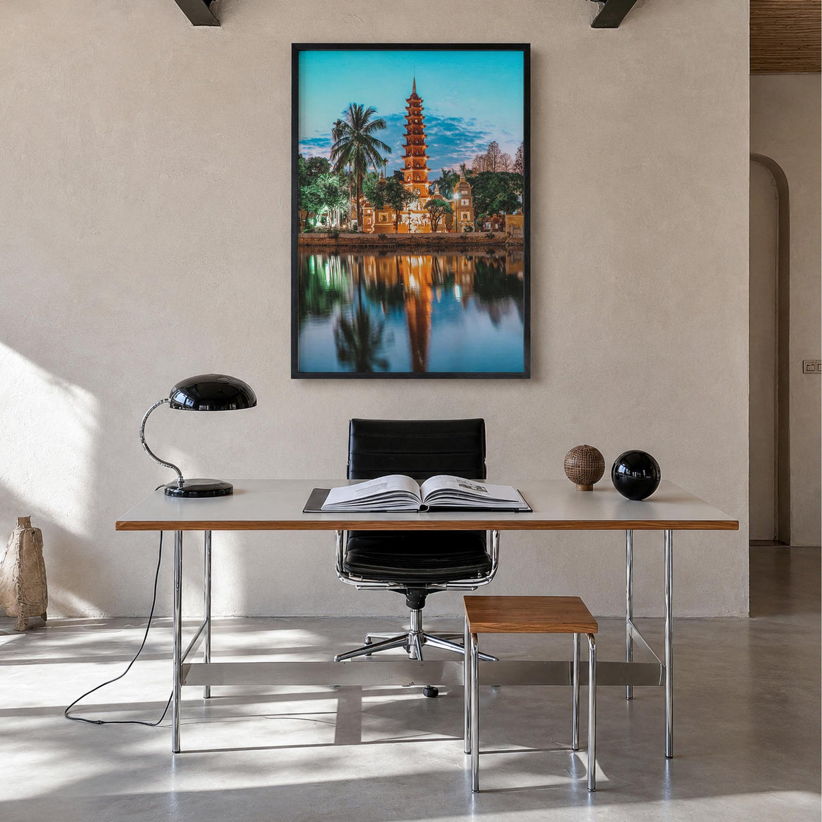 Hanoi colorful photo poster of Vietnam – vertical wall art in black wood frame, hanging on wall