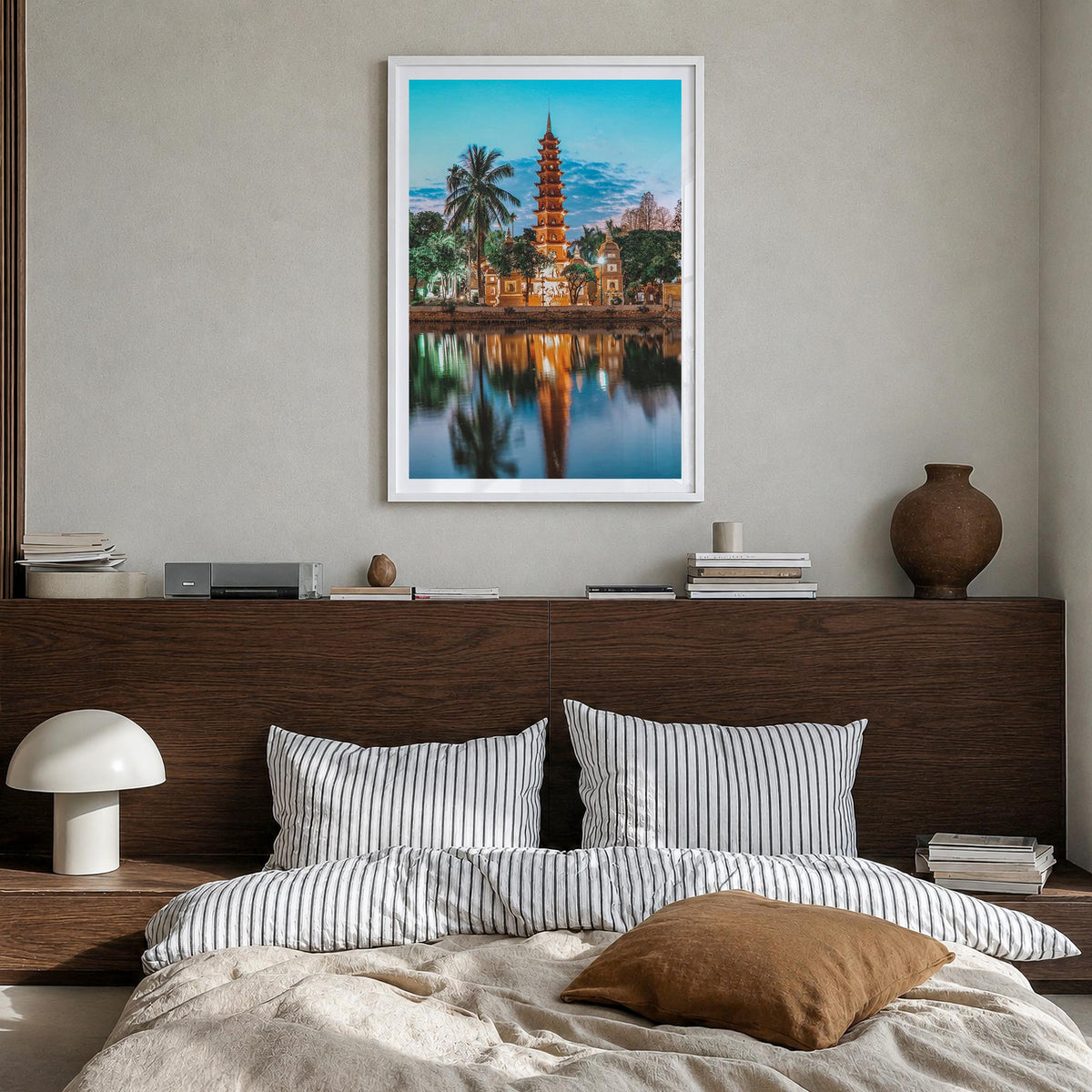 Hanoi colorful photo poster of Vietnam – vertical wall art in white wood frame with white border, hanging on wall