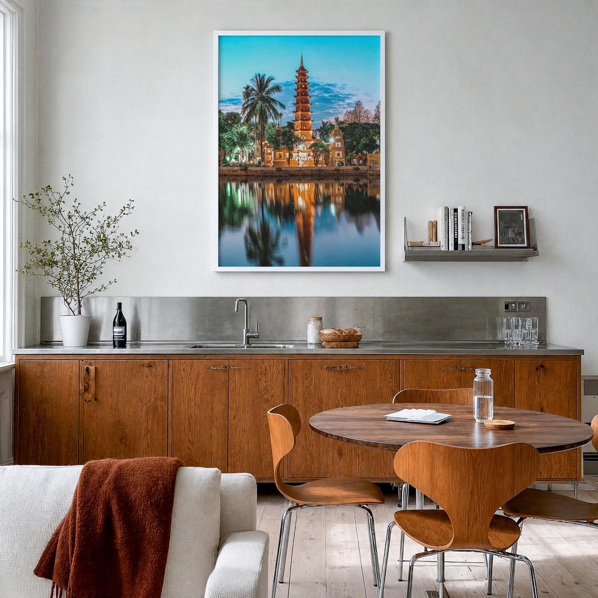 Hanoi colorful photo poster of Vietnam – vertical wall art in white wood frame, hanging on wall