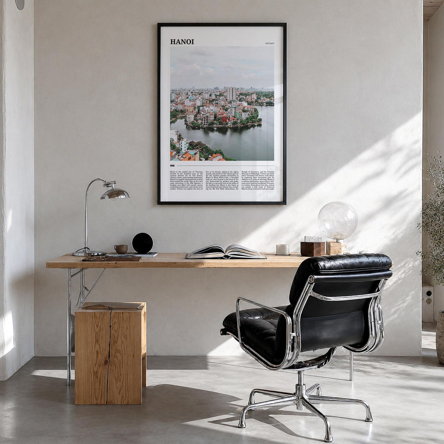 Hanoi colorful travel poster of Vietnam – vertical wall art in black wood frame, hanging on wall