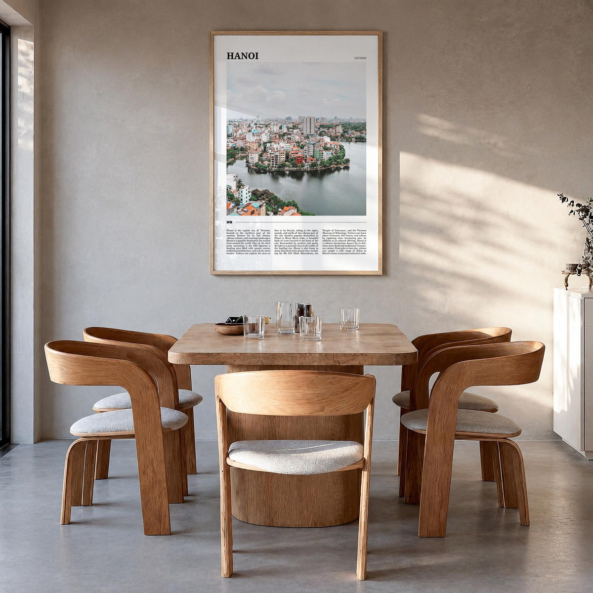 Hanoi colorful travel poster of Vietnam – vertical wall art in natural wood frame, hanging on wall