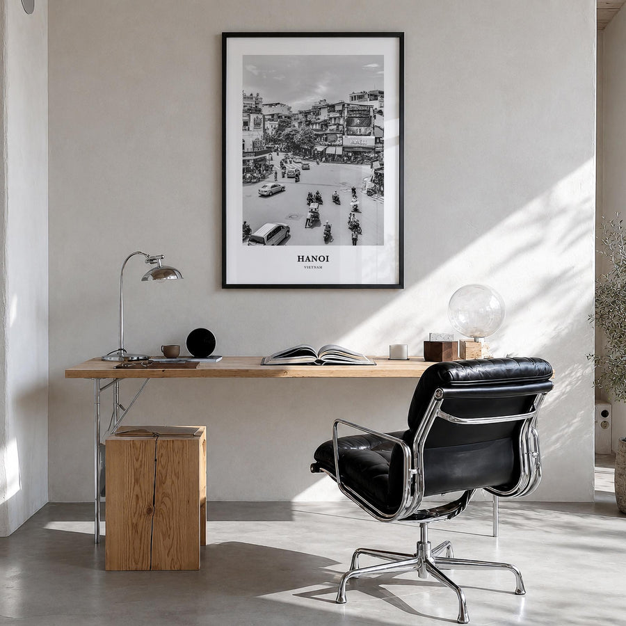 Hanoi no. 1 black & white classic poster of Vietnam – vertical wall art in black wood frame, hanging on wall