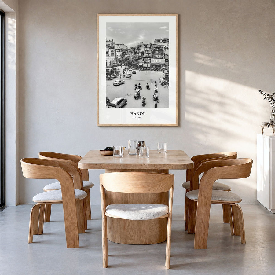 Hanoi Classic No 1 Poster in a natural wood frame, hanging in a dining room