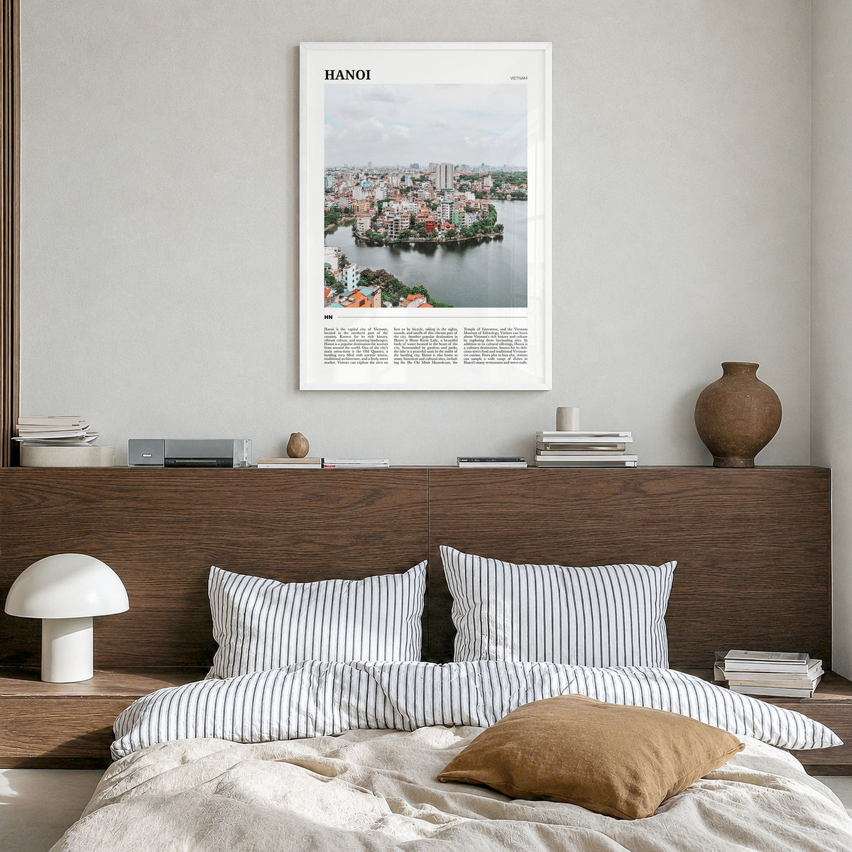 Hanoi Travel Poster in a white wood frame, hanging in a bedroom