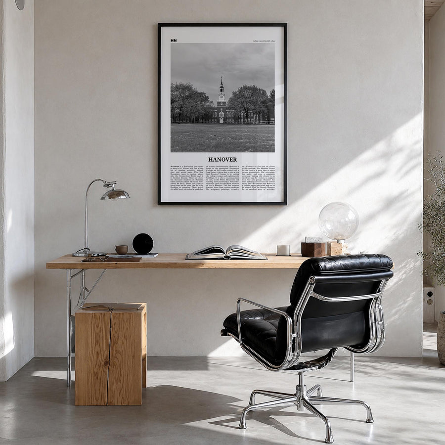Hanover black & white newspaper poster of Maryland, USA – vertical wall art in black wood frame, hanging on wall