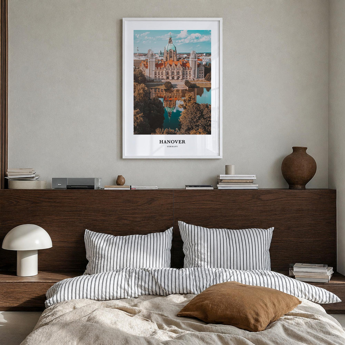 Hanover colorful classic poster of Maryland, USA – vertical wall art in white wood frame, hanging on wall
