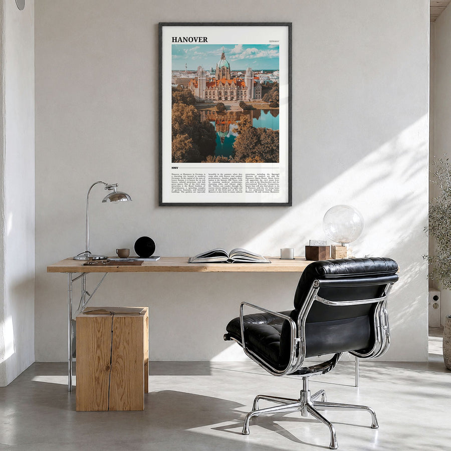 Hanover Travel Poster in a black wood frame, hanging in a bright home office