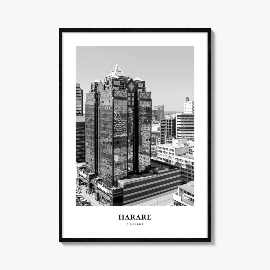 Harare black & white classic poster of Zimbabwe – vertical wall art, unframed print shown in interior mockup