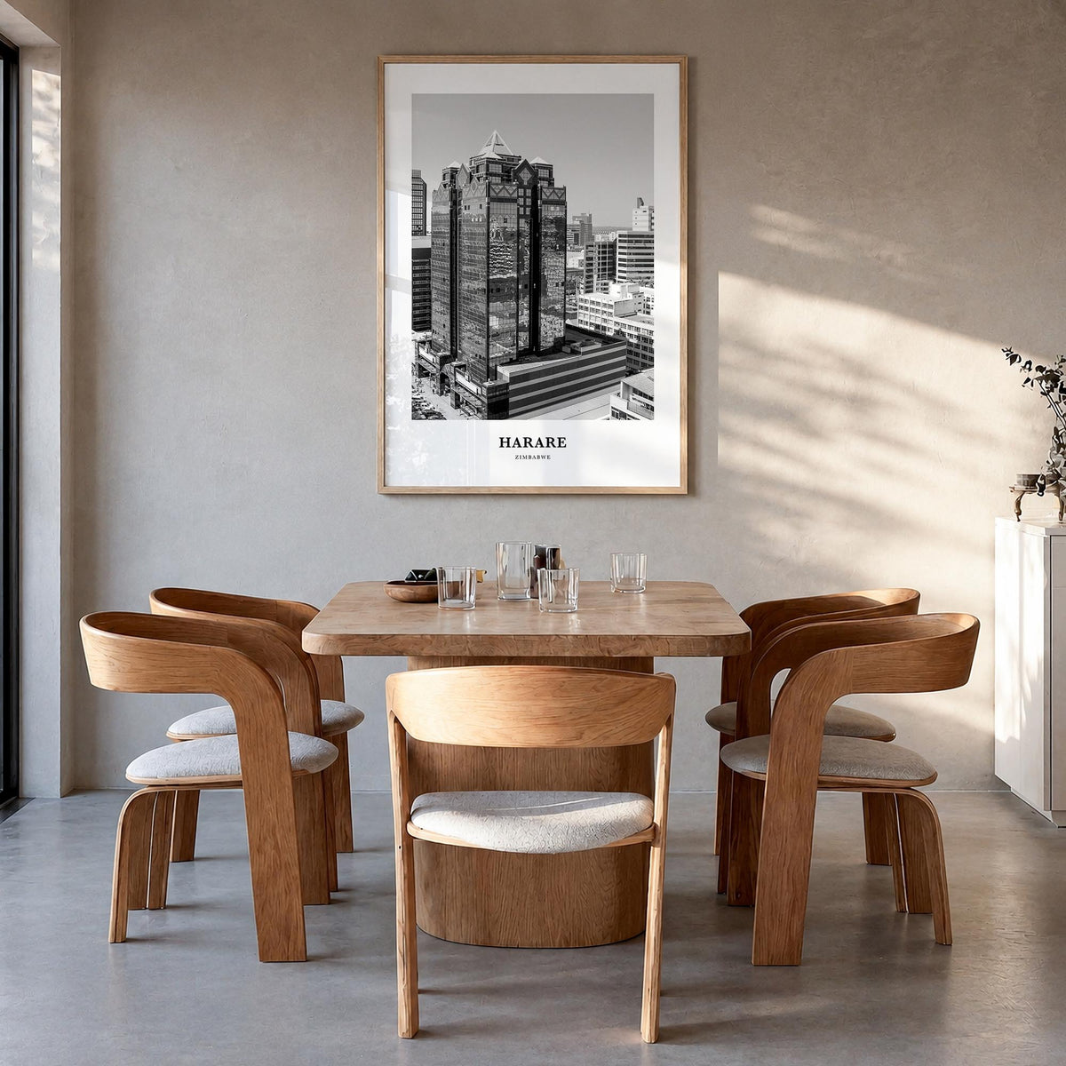 Harare black & white classic poster of Zimbabwe – vertical wall art in natural wood frame, hanging on wall