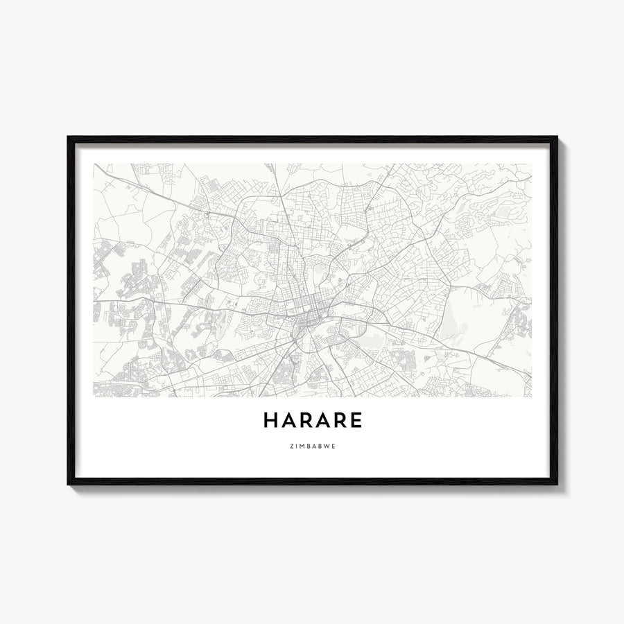 Harare black & white map poster of Zimbabwe – horizontal wall art, unframed print shown in interior mockup