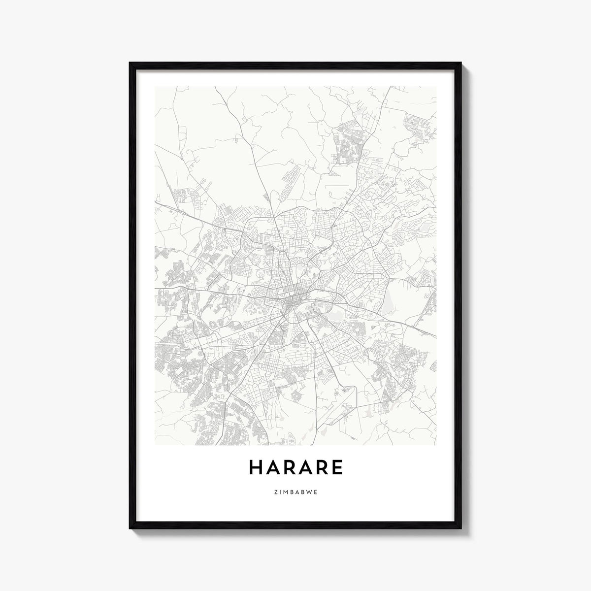 Harare black & white map poster of Zimbabwe – vertical wall art, unframed print shown in interior mockup