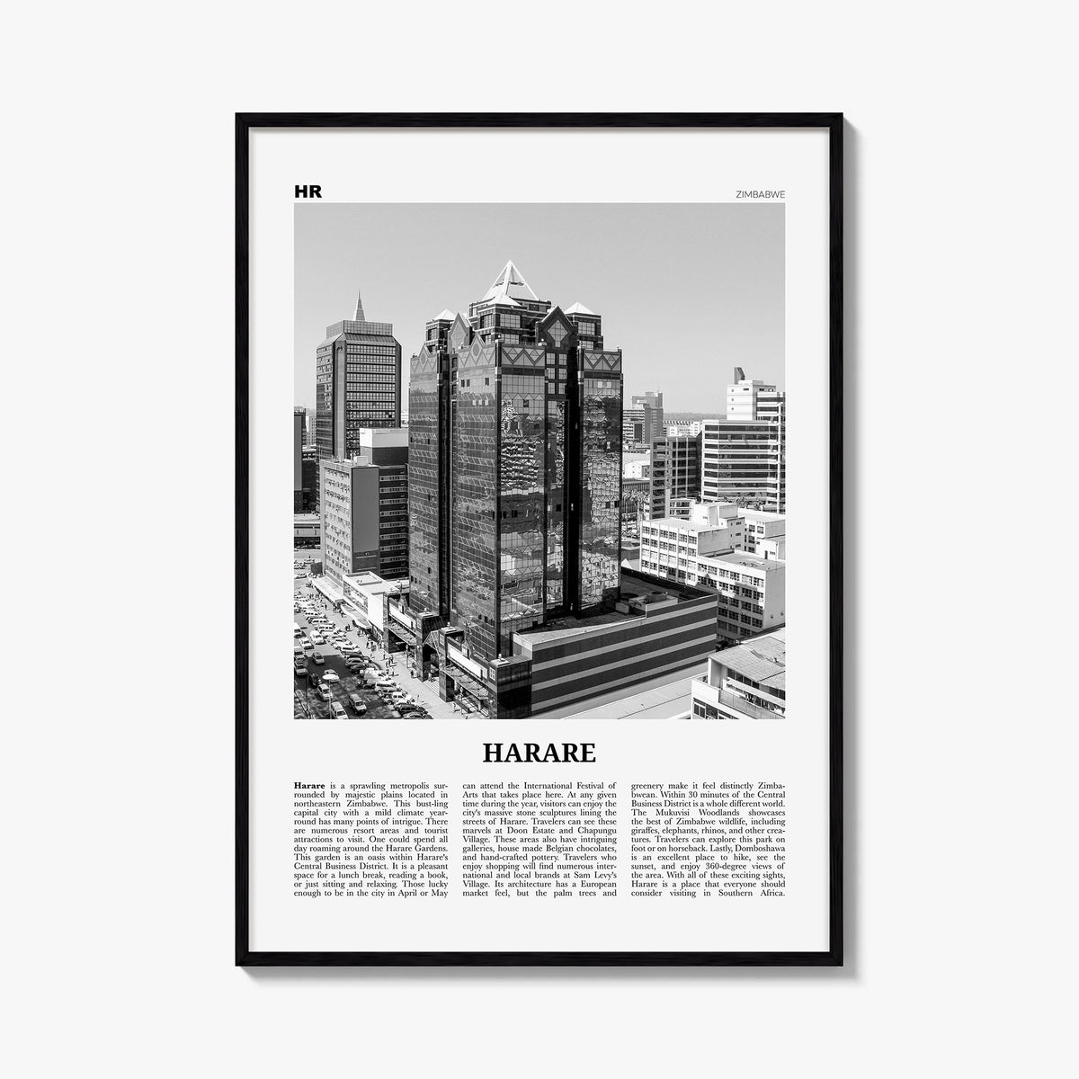 Harare black & white newspaper poster of Zimbabwe – vertical wall art, unframed print shown in interior mockup