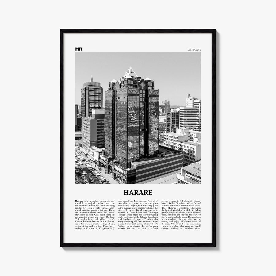 Harare black & white newspaper poster of Zimbabwe – vertical wall art, unframed print shown in interior mockup