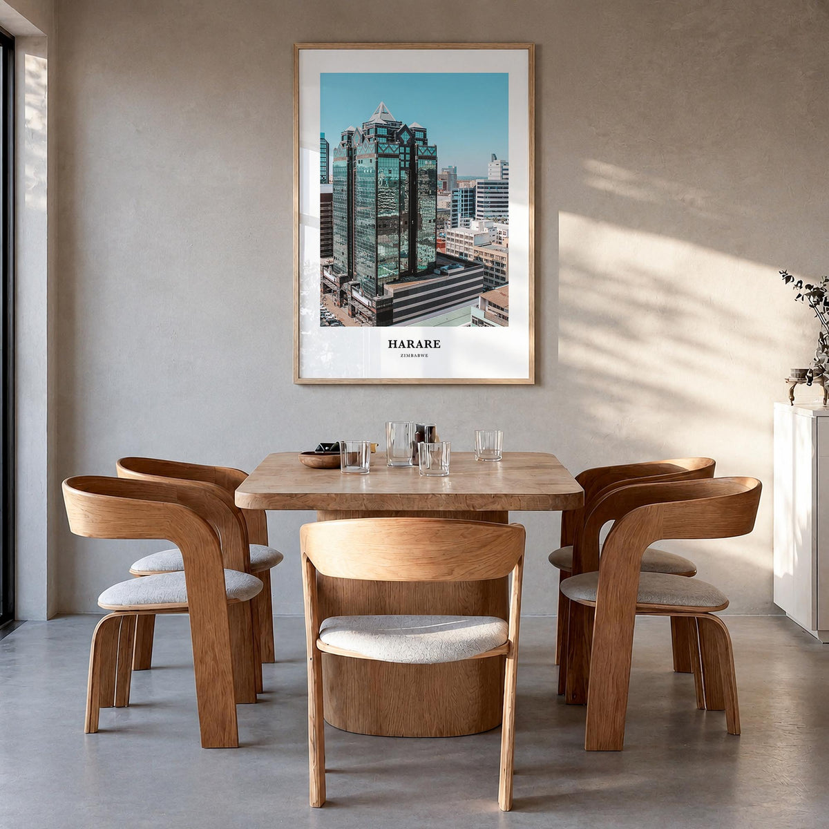 Harare colorful classic poster of Zimbabwe – vertical wall art in natural wood frame, hanging on wall
