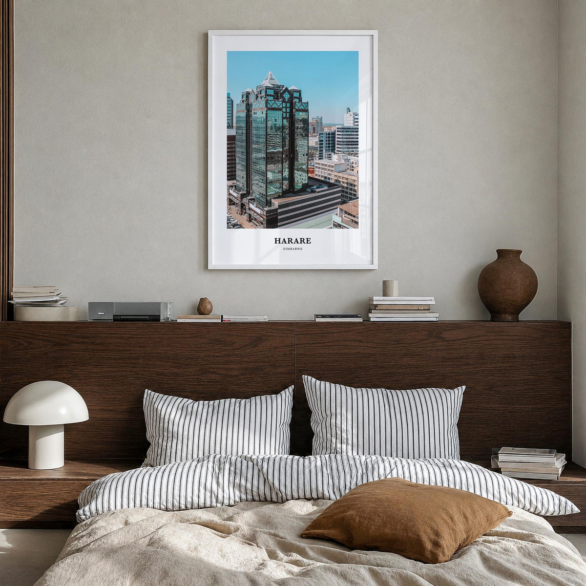 Harare colorful classic poster of Zimbabwe – vertical wall art in white wood frame, hanging on wall