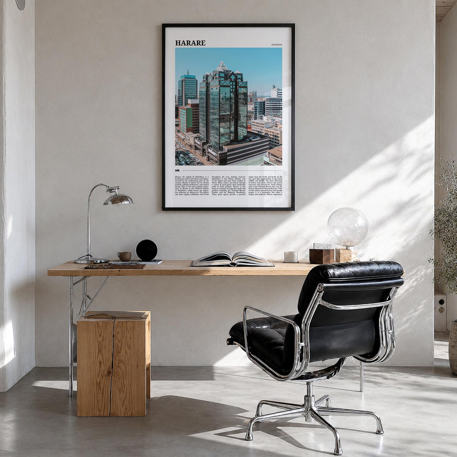 Harare colorful travel poster of Zimbabwe – vertical wall art in black wood frame, hanging on wall