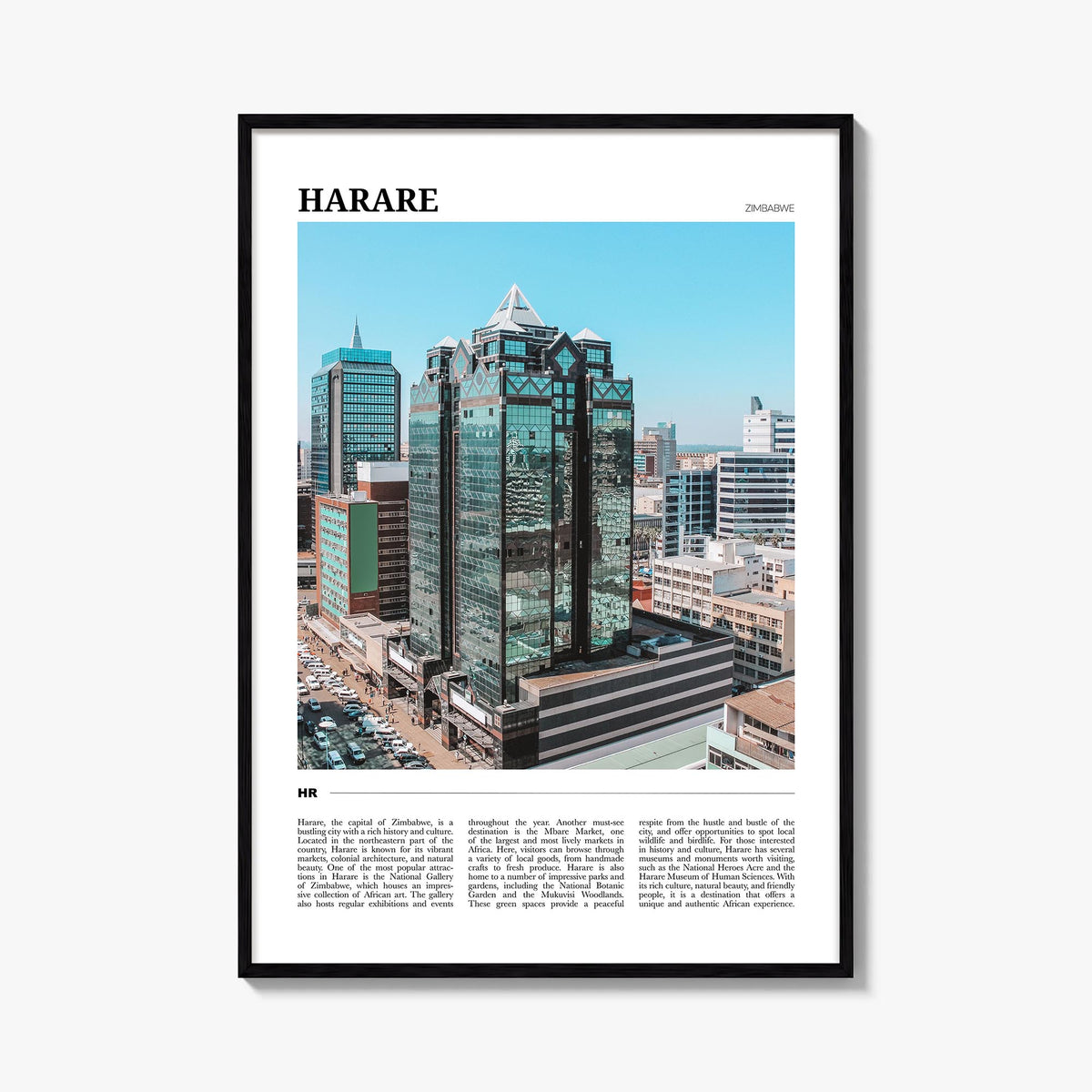 Harare colorful travel poster of Zimbabwe – vertical wall art, unframed print shown in interior mockup
