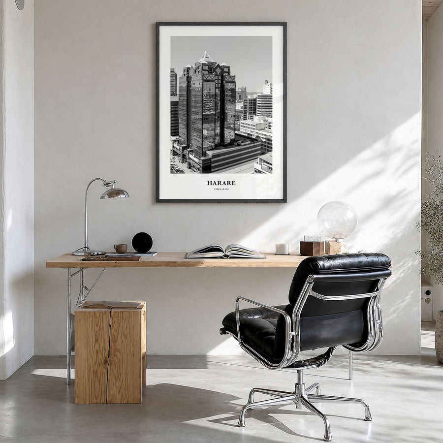 Harare Classic Poster in a black wood frame, hanging in a bright home office
